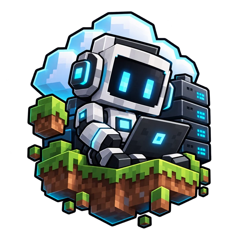 MineBots’ block-inspired robot companion sitting on a grass block with a laptop